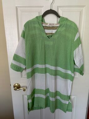 Green & White Striped Hooded Swim Coverup